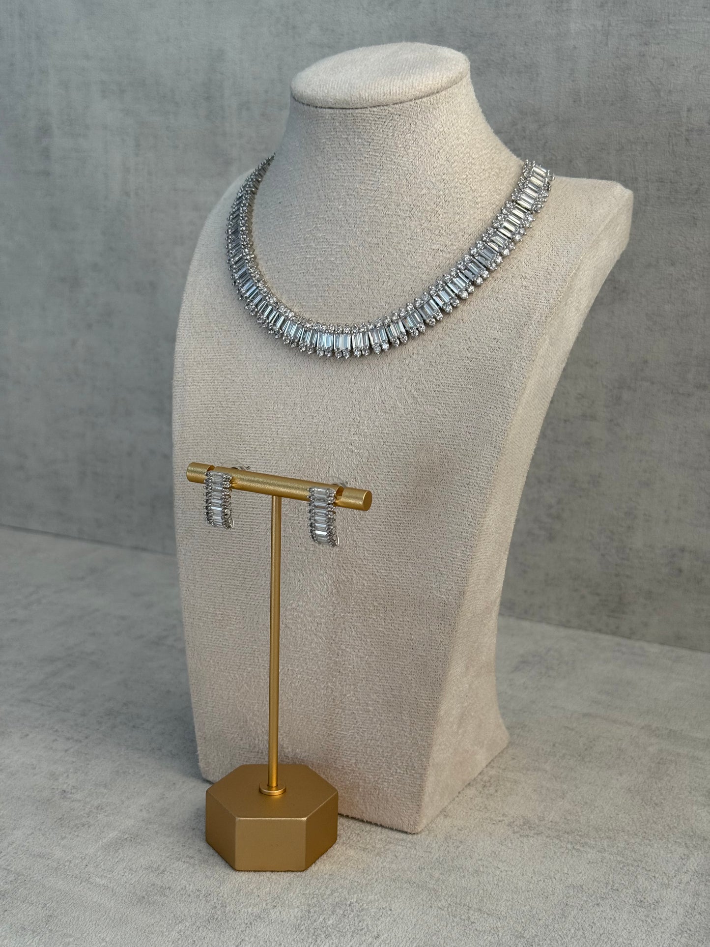 Ayura Designs Isadora Set with Necklace & Stud Earrings – Silver Finish with Baguette-Cut Crystals