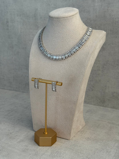Ayura Designs Isadora Set with Necklace & Stud Earrings – Silver Finish with Baguette-Cut Crystals