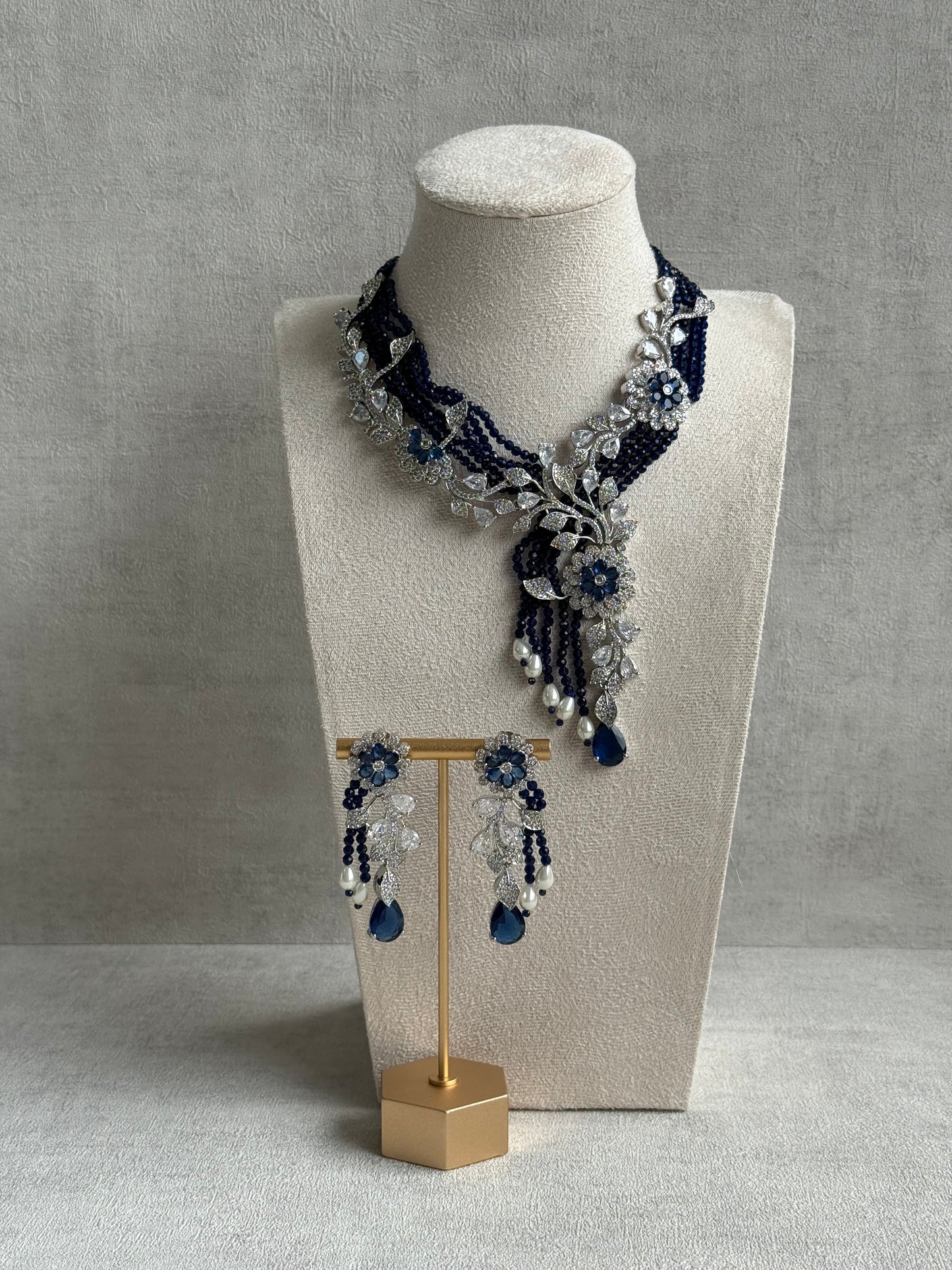 Ayura Designs Chloe Set – Silver Necklace & Earrings with Sapphire Stones, Pearls & Moissanite Detailing