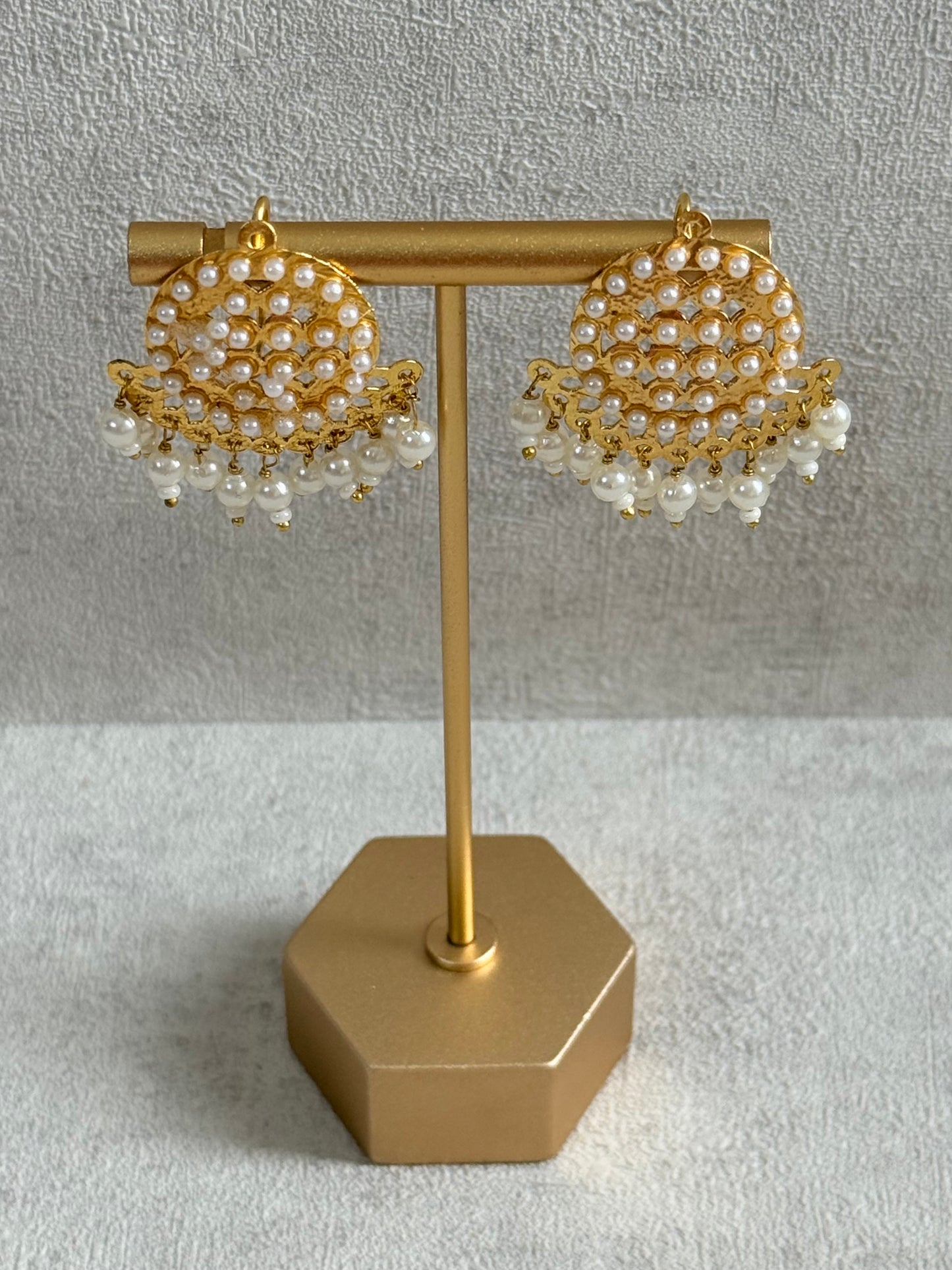 Ayura Designs Riwaaz Earrings – Pearl Stud Earrings with Antique Gold Filigree & Pearl Drops