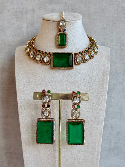 Ayura Designs Clara Set with Earrings & Tikka Emerald Green Moissanite Stones and Antique Gold Finish