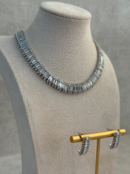 Ayura Designs Isadora Set with Necklace & Stud Earrings – Silver Finish with Baguette-Cut Crystals