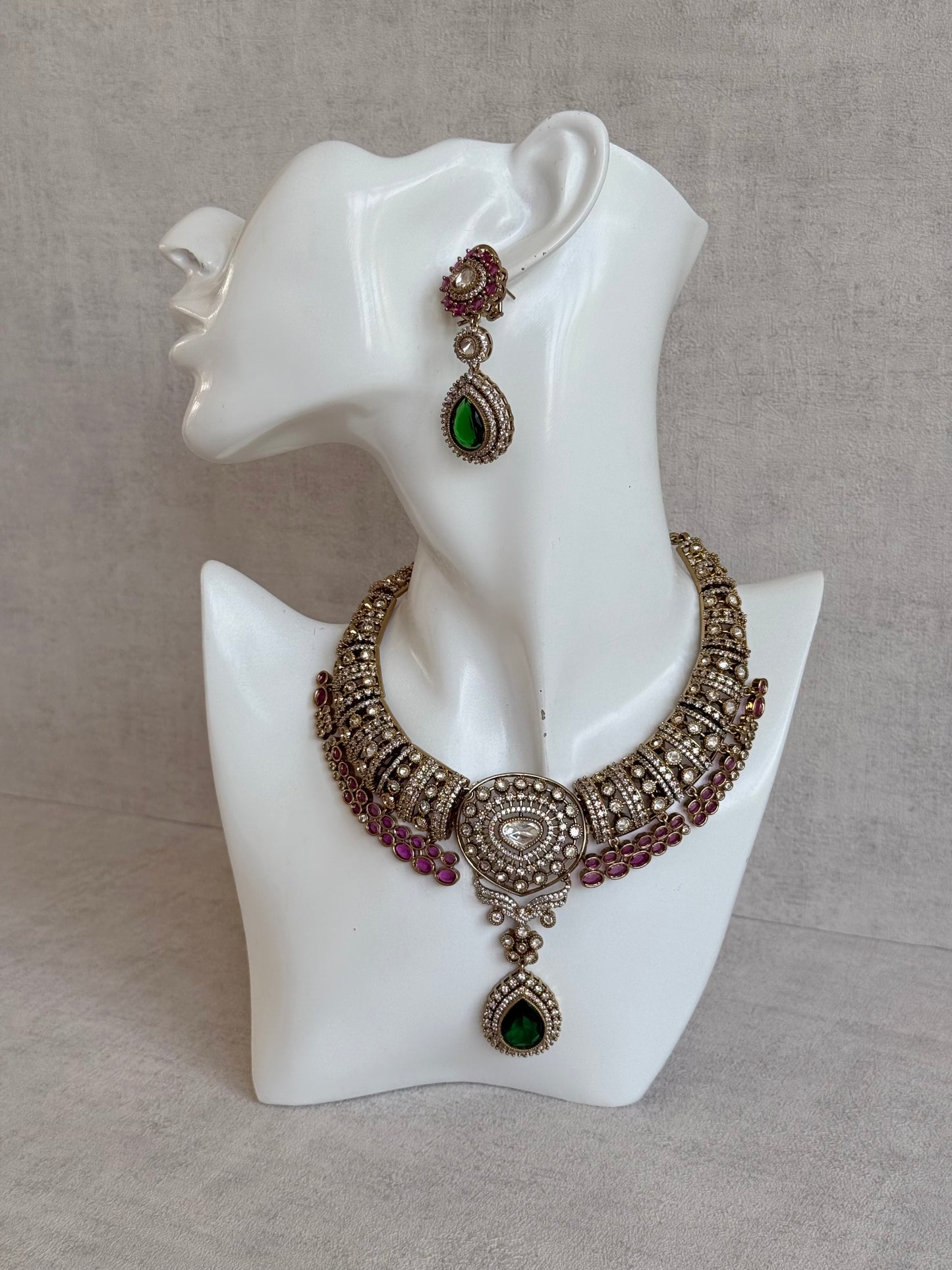 Ayura Designs Ahana Necklace Set with Earrings – Emerald Green Teardrop Stones, Ruby Pink Accents & Moissanite Detailing