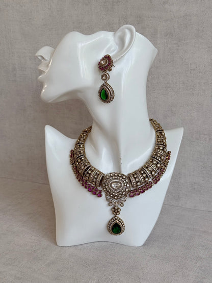 Ayura Designs Ahana Necklace Set with Earrings – Emerald Green Teardrop Stones, Ruby Pink Accents & Moissanite Detailing