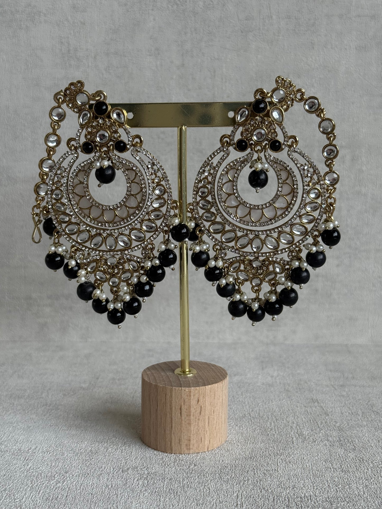 Ayura Designs Rabia Chandbalis – Antique Gold Kundan Earrings with Black Beads, Pearls & Attached Sahare