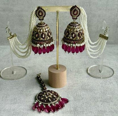 Ayura Designs Amrita Set – Jhumkis with Sahare & Tikka in Magenta, Pearls and Antique Gold Finish