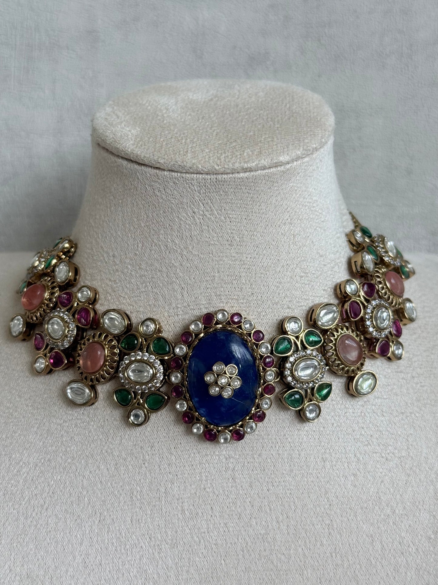 Ayura Designs Nova Necklace Set with Stud Earrings – Sapphire Blue Centre Stone, Kundan Detailing & Multicolour Gemstone Accents