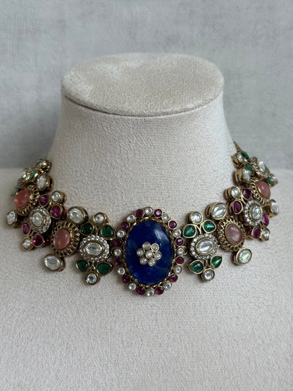 Ayura Designs Nova Necklace Set with Stud Earrings – Sapphire Blue Centre Stone, Kundan Detailing & Multicolour Gemstone Accents