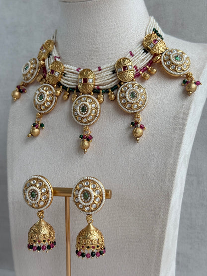 Ayura Designs Kesar Necklace Set with Jhumkis – Multi-Strand Pearl Design, Kundan, Rani Pink & Green Stones & Gold Finish