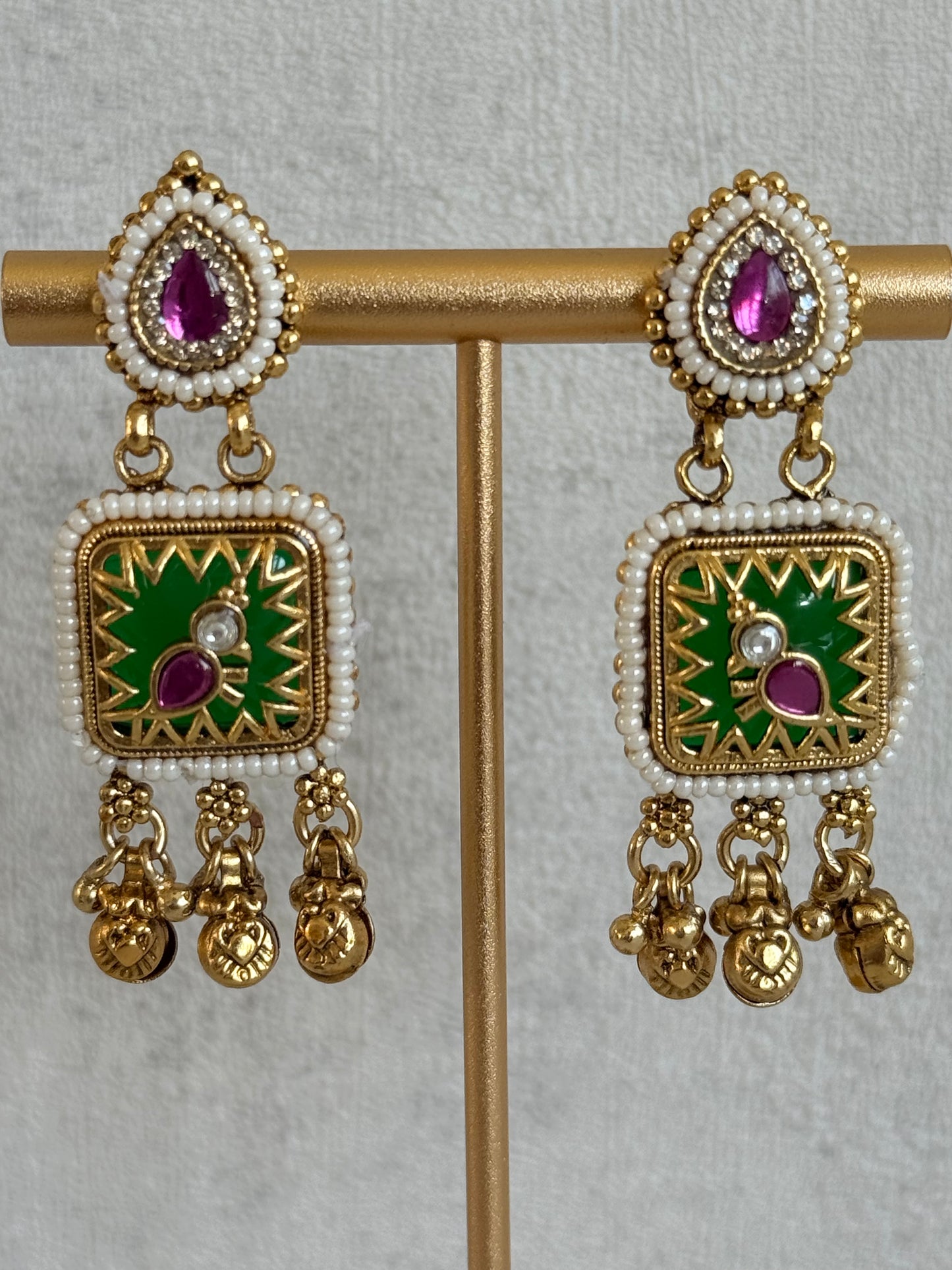 Ayura Designs Inira Drop Earrings – Emerald Green Enamel Bird Earrings with Rani Pink Kundan & Ghungroo Drops