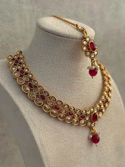 Ayura Designs Biju Set with Necklace, Earrings & Tikka – Fuchsia Pink & Ivory Pearls, Mirror-Cut Stones, Antique Gold Finish
