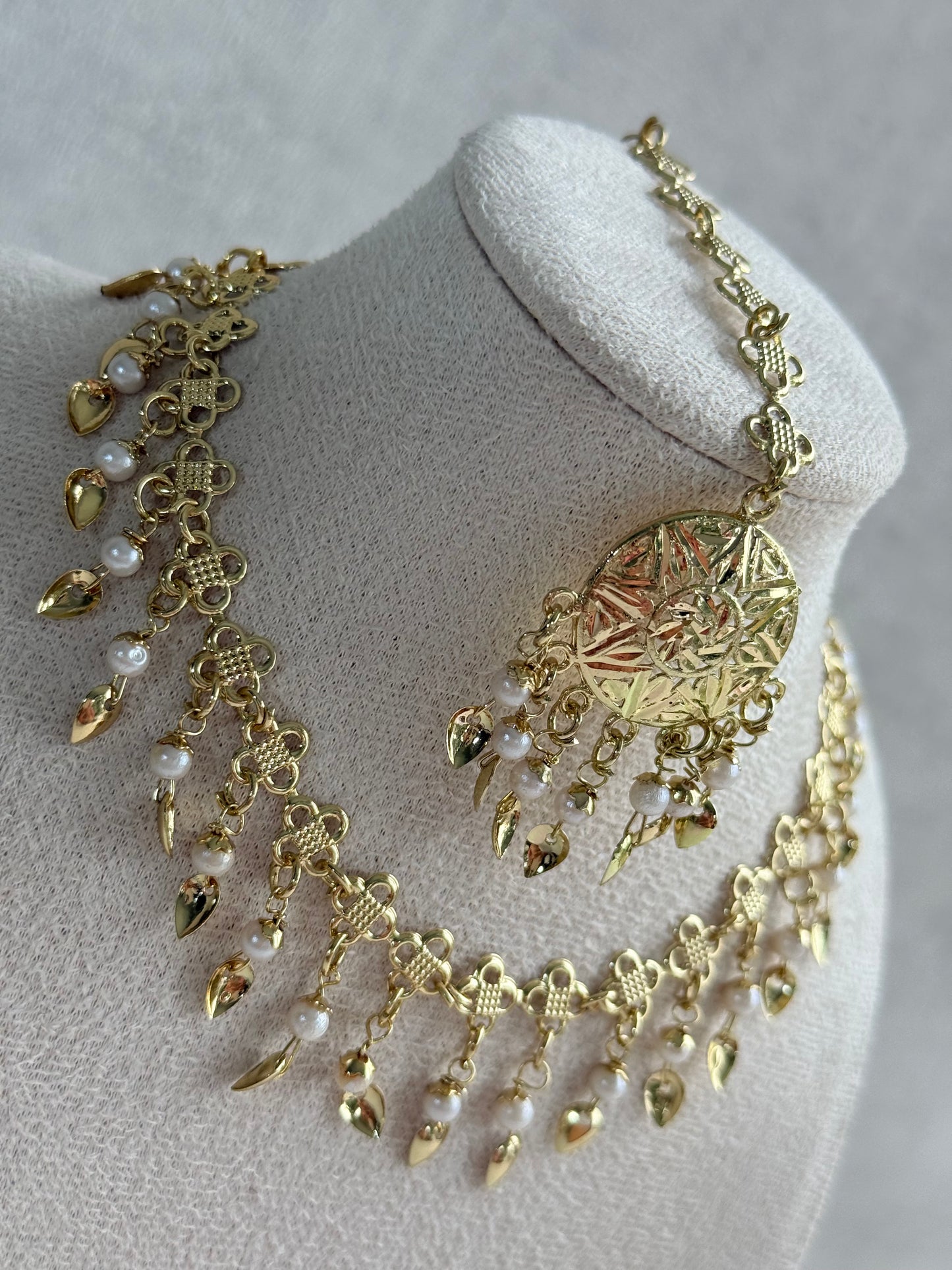 Ayura Designs Rupal Necklace Set with Earrings & Tikka – Gold Finish with Pearls & Pippal Patti Detailing