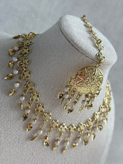 Ayura Designs Rupal Necklace Set with Earrings & Tikka – Gold Finish with Pearls & Pippal Patti Detailing