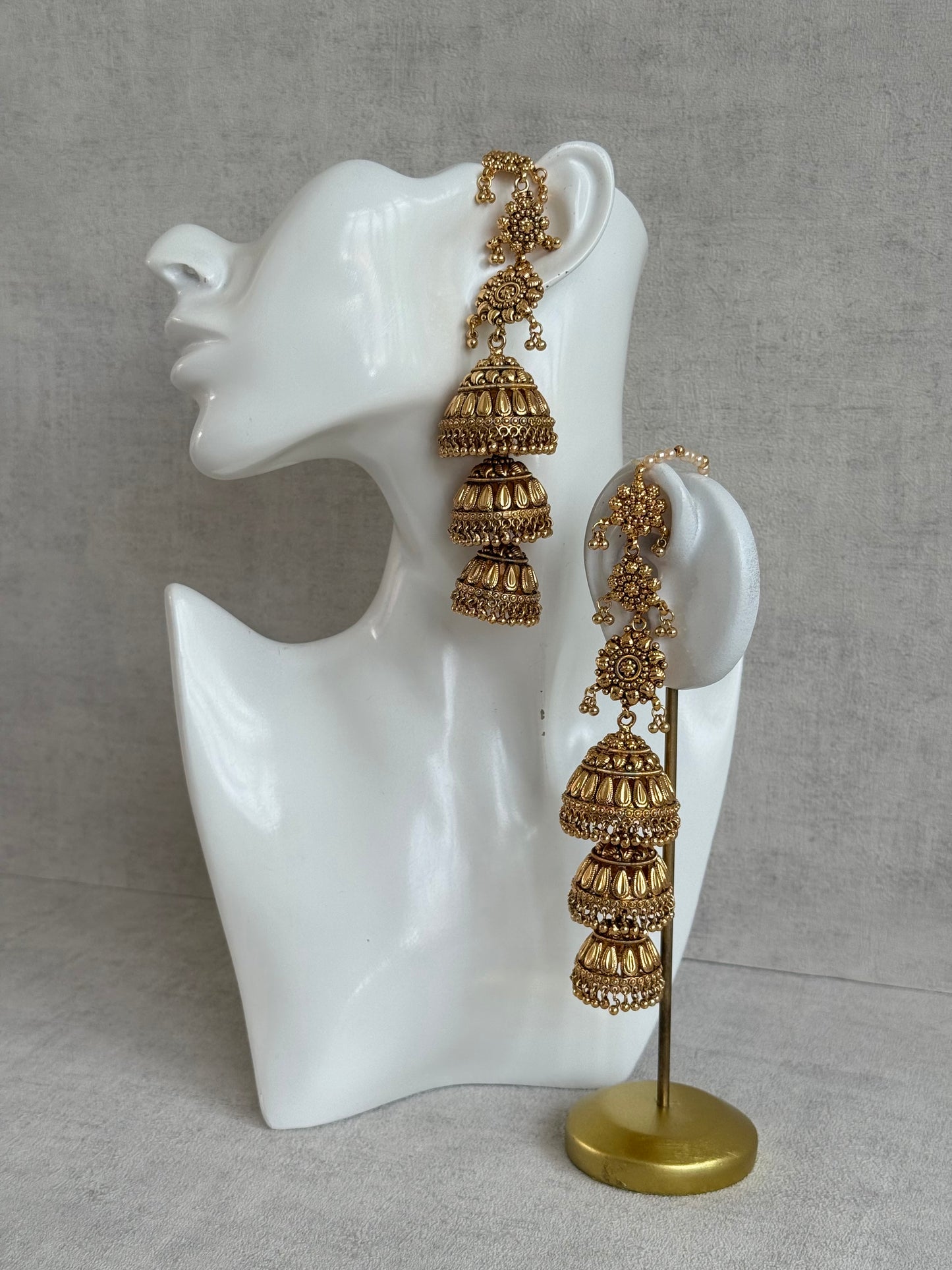 Ayura Designs Preet Sahare Jhumkis – Antique Gold Finish with Triple Dome Design