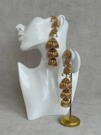 Ayura Designs Preet Sahare Jhumkis – Antique Gold Finish with Triple Dome Design