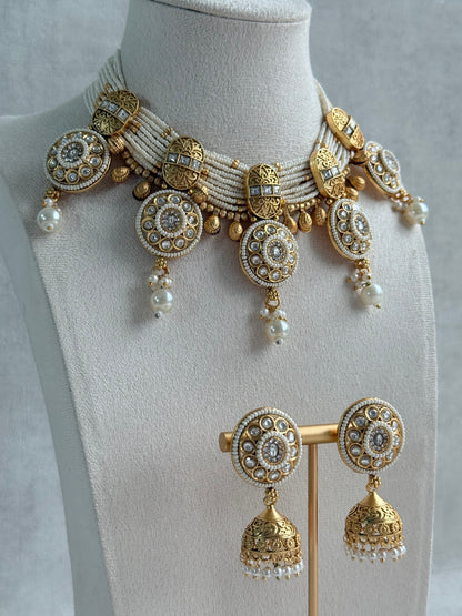 Ayura Designs Kesar Necklace Set with Jhumkis – Multi-Strand Ivory Pearl Design, Kundan Stones & Gold Finish