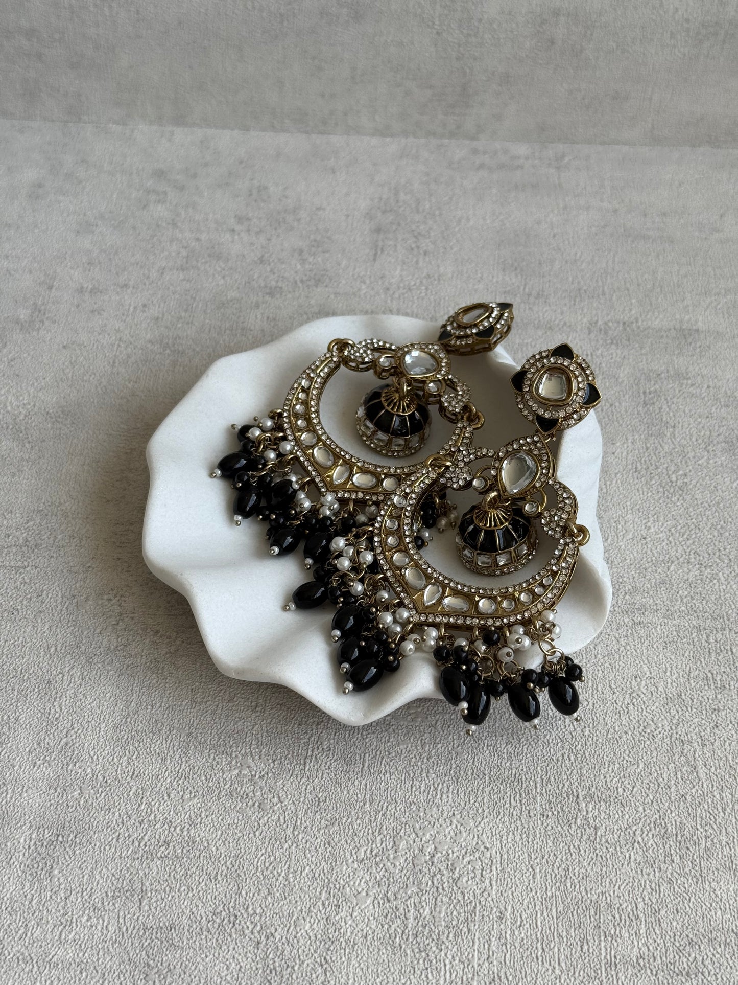 Ayura Designs Reha Earrings – Statement Chandbalis with Black Beads, Pearls & Mirror-Cut Stones