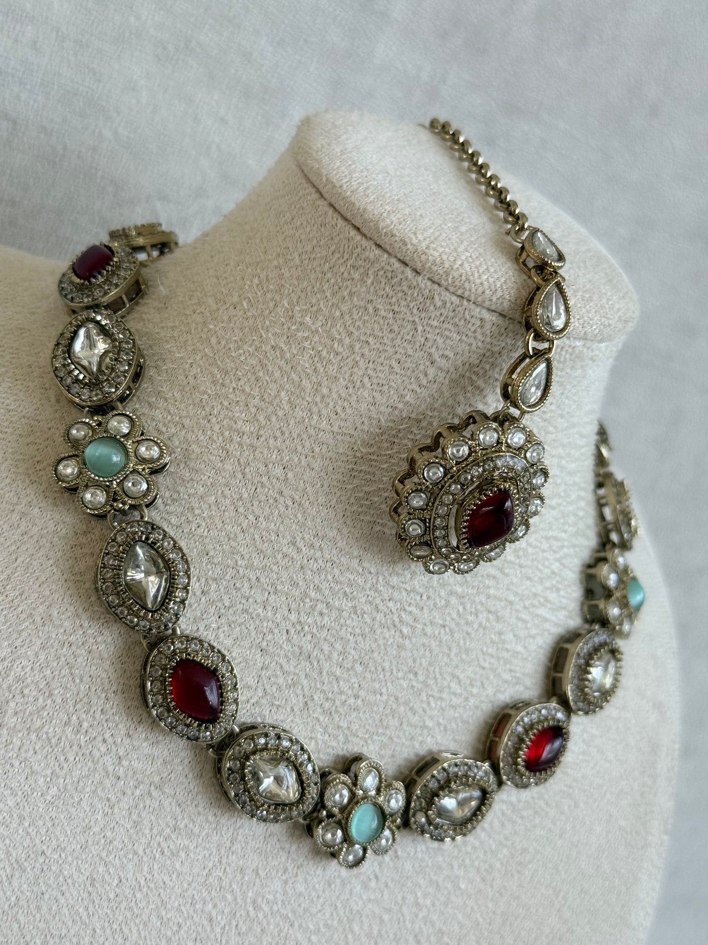 Ayura Designs Ivy Necklace Set with Studs & Tikka – Ruby Red & Mint Green Kundan Detailing