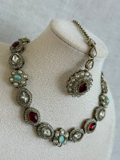Ayura Designs Ivy Necklace Set with Studs & Tikka – Ruby Red & Mint Green Kundan Detailing