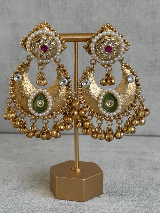 Ayura Designs Naaz Earrings – Antique Gold Jhumkas with Green Teardrop Stone, Pearl Embellishments & Ghungroo Detailing