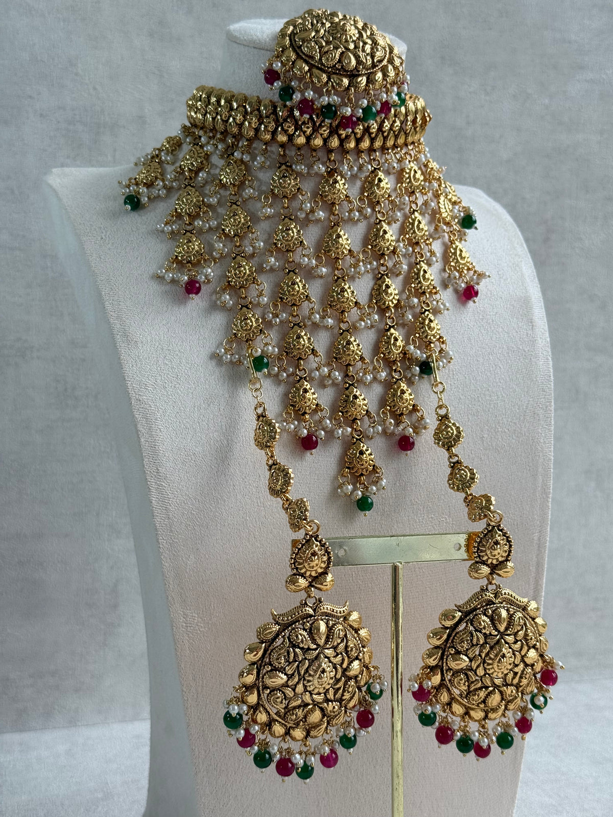 Ayura Designs Karima Choker Set with Sahare Earrings & Tikka – Waterfall Design, Rani Pink & Green Beads, Pearls & Antique Gold Finish