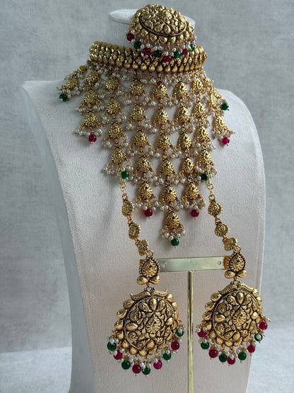 Ayura Designs Karima Choker Set with Sahare Earrings & Tikka – Waterfall Design, Rani Pink & Green Beads, Pearls & Antique Gold Finish