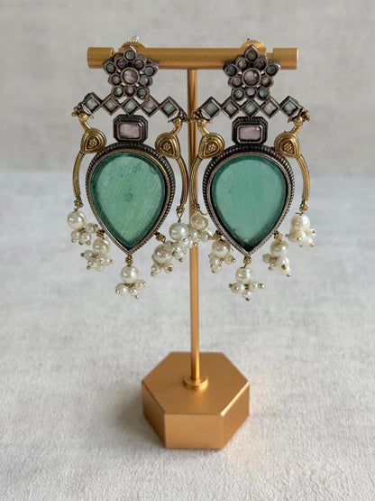 Ayura Designs Kafila Earrings – Dual Tone Oxidised Earrings with Peacock Motifs, Mint Green & Blush Pink Stones