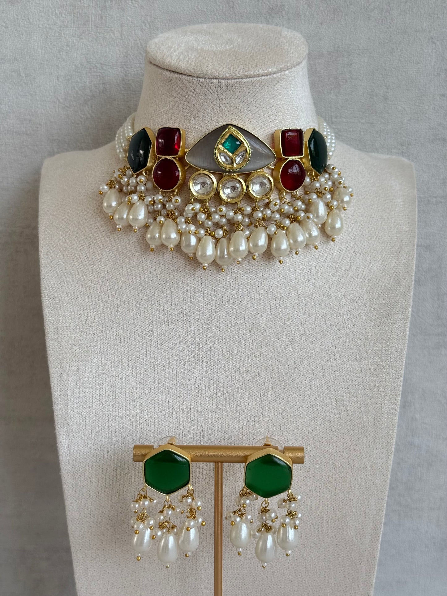Ayura Designs Vahida Choker Set with Earrings – Multicolour Stone Choker with Pearl Drops & Kundan Detailing