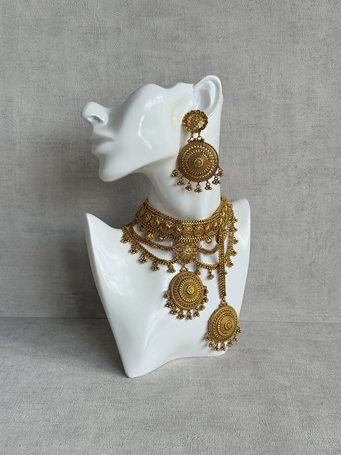 Ayura Designs Subha Choker Set with Earrings & Passa – Antique Gold Engraved Medallions, Layered Chains & Ghungroo Drops
