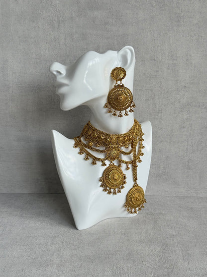 Ayura Designs Subha Choker Set with Earrings & Passa – Antique Gold Engraved Medallions, Layered Chains & Ghungroo Drops