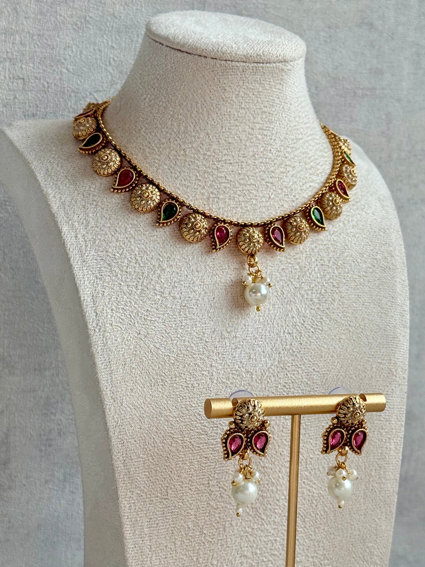 Ayura Designs Mayura Necklace Set with Earrings – Antique Gold Meenakari Motifs with Pearl Drop & Rani Pink and Emerald Green Stones