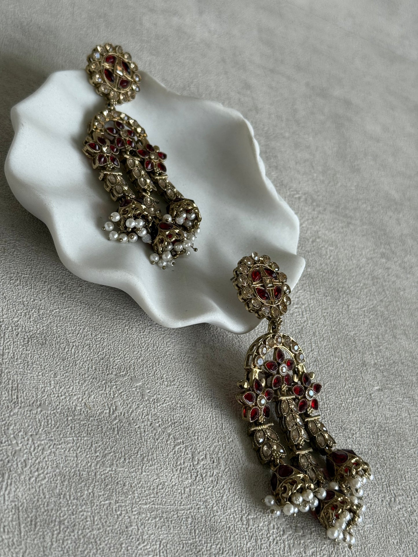 Ayura Designs Soraya Earrings – Ruby Red Stones, Champagne Crystals, Pearl Detailing & Gold Finish