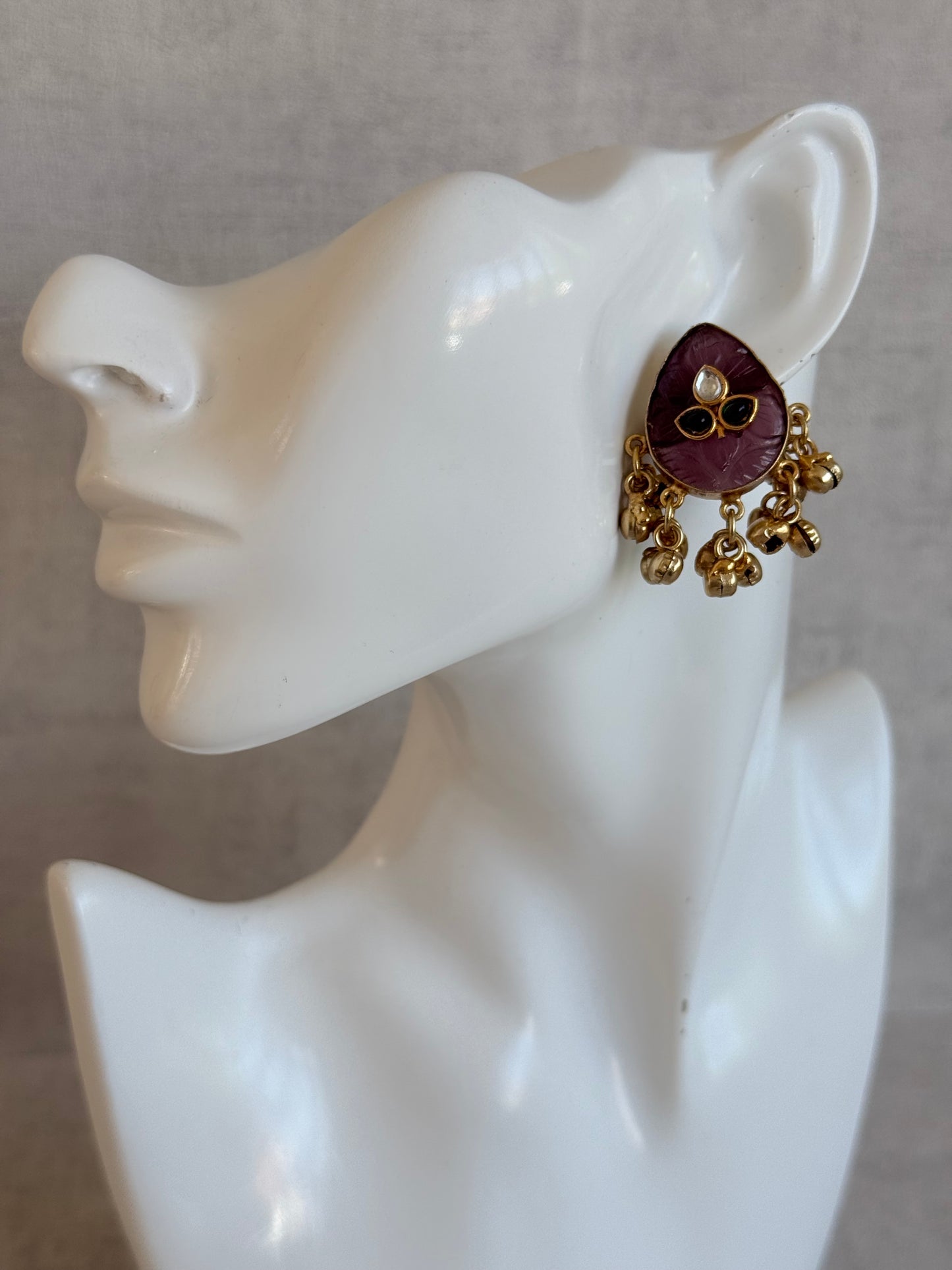 Ayura Designs Aykai Earrings – Plum Carved Teardrop Stud Earrings with Clear Kundan Stones and Gold Ghungroo Drops