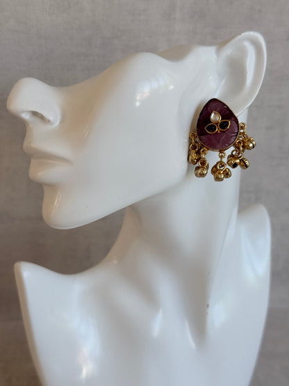Ayura Designs Aykai Earrings – Plum Carved Teardrop Stud Earrings with Clear Kundan Stones and Gold Ghungroo Drops