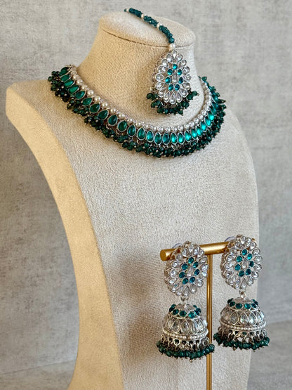 Ayura Designs Saima Set – Necklace, Jhumkis & Tikka in Peacock Green with Silver Finish
