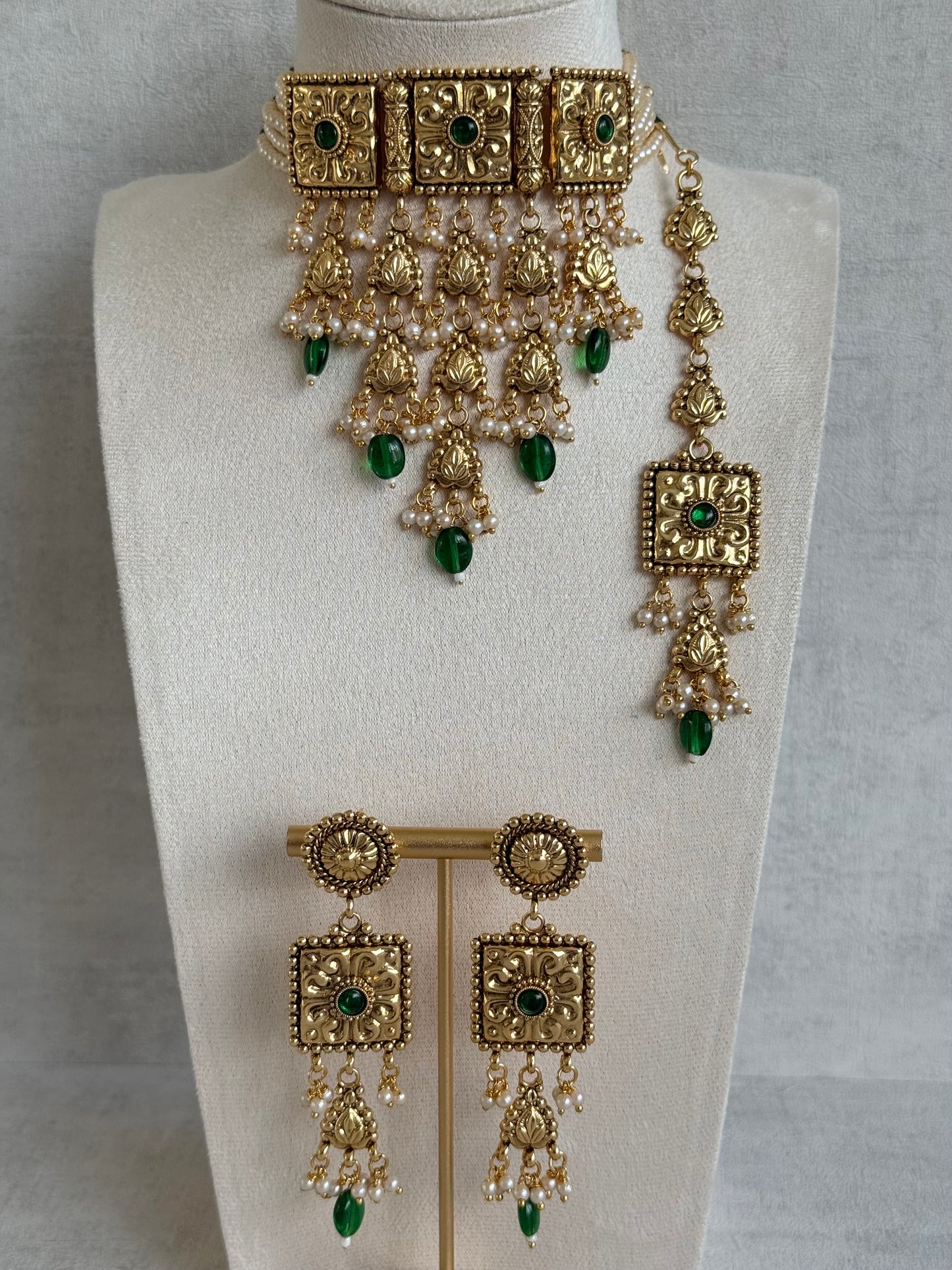 Ayura Designs Nimrah Choker Set with Earrings & Tikka – Emerald Green Gold Tone Waterfall Jewellery Set
