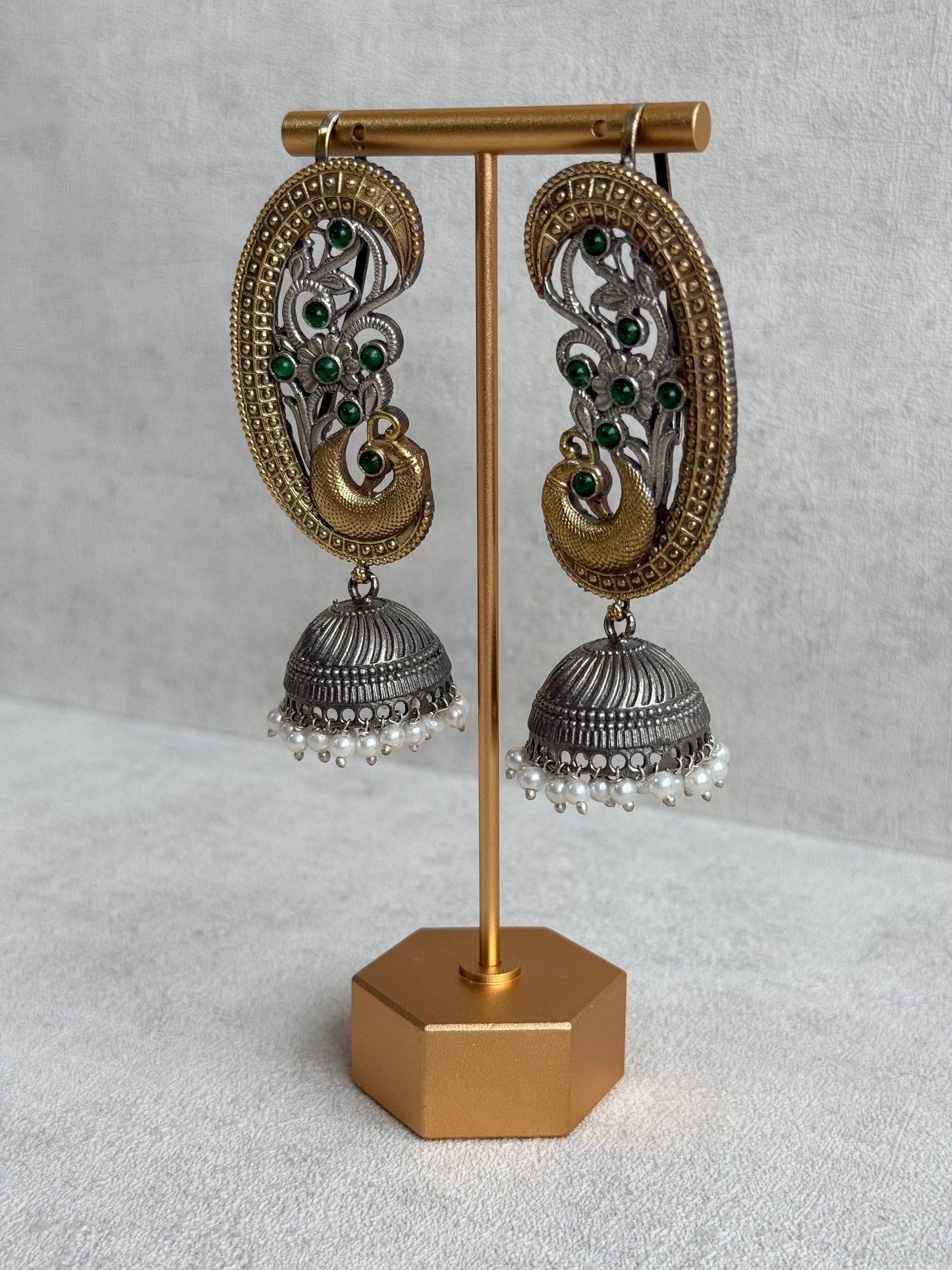 Ayura Designs Fasana Earrings – Dual Tone Oxidised Peacock Ear Climbers with Emerald Green Stones & Pearl Drops