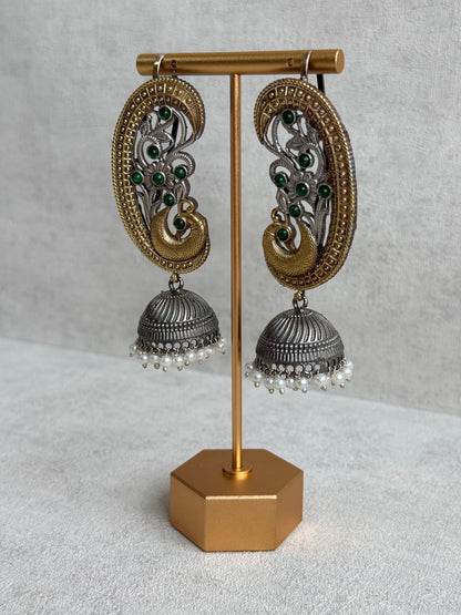 Ayura Designs Fasana Earrings – Dual Tone Oxidised Peacock Ear Climbers with Emerald Green Stones & Pearl Drops