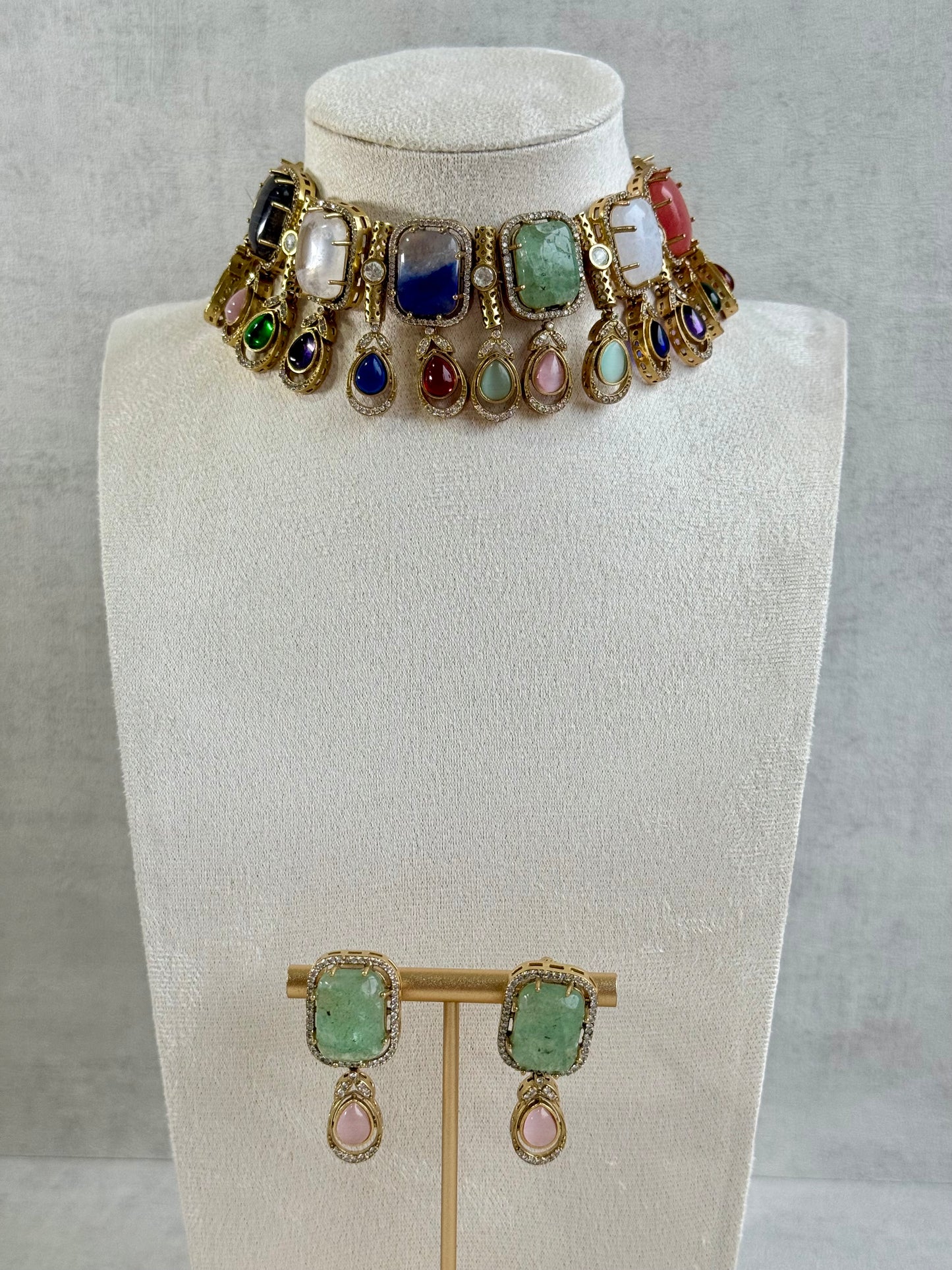 Ayura Designs Adelaide Necklace Set with Earrings – Multicolour Moissanite with Green Stone Drop Earrings