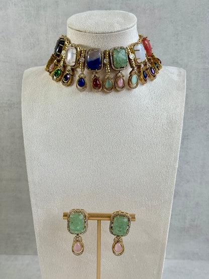 Ayura Designs Adelaide Necklace Set with Earrings – Multicolour Moissanite with Green Stone Drop Earrings