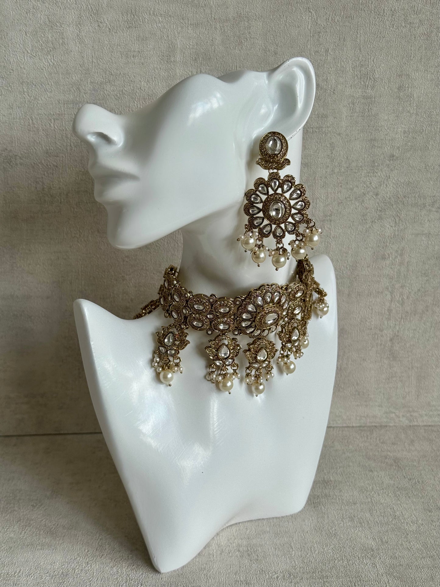Ayura Designs Nevaya Set with Choker, Earrings & Tikka – Antique Gold with Mirror-Cut Stones & Pearl Drops