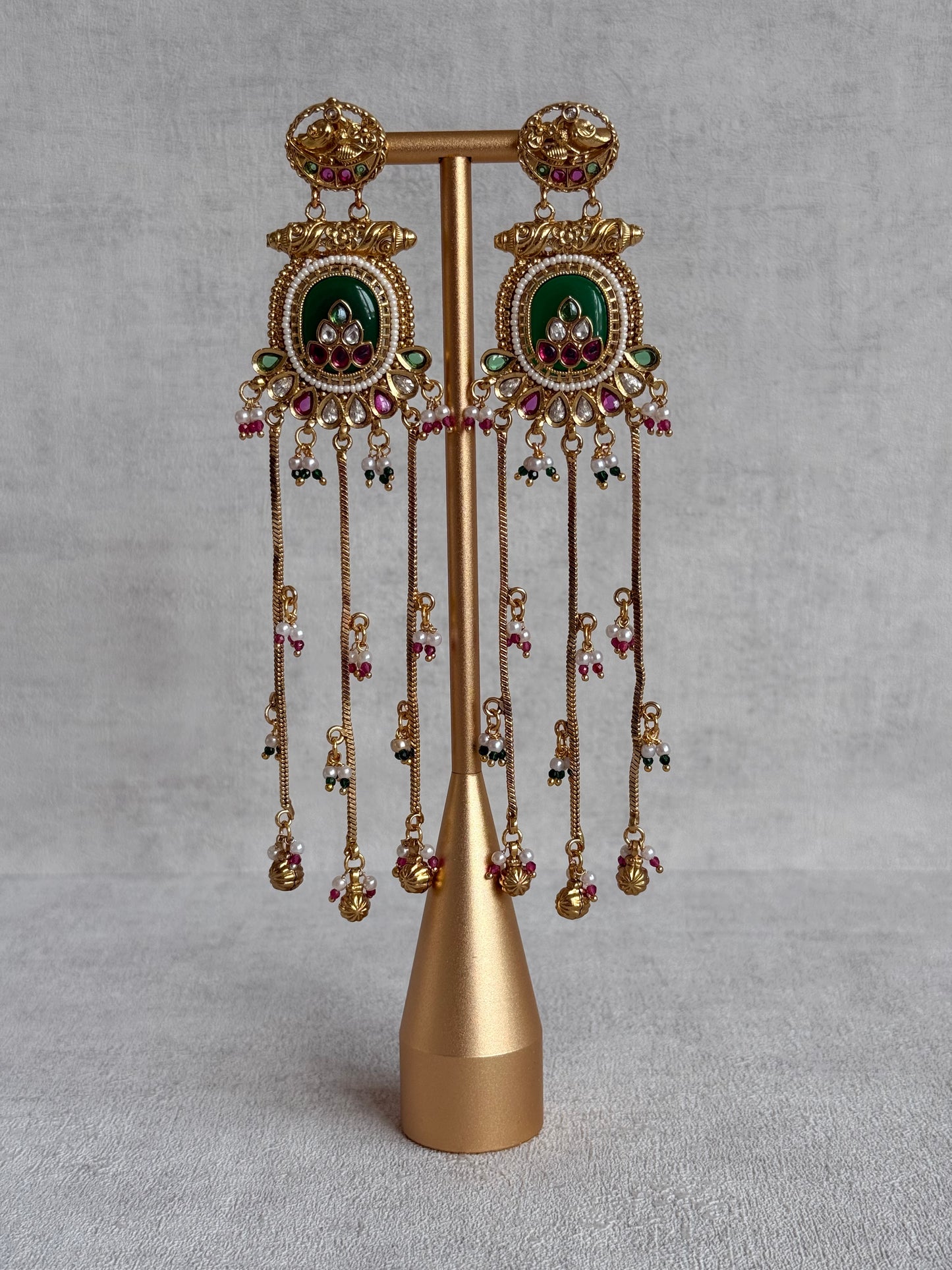 Ayura Designs Kaveri Earrings – Gold Long Chain Drop Earrings with Kundan, Pearls & Ghungroo Detailing – Emerald Green