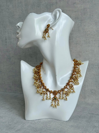 Ayura Designs Ilaa Set – Necklace & Earrings with Pink & Green Stone Accents, Pearl Drops & Antique Gold Finish