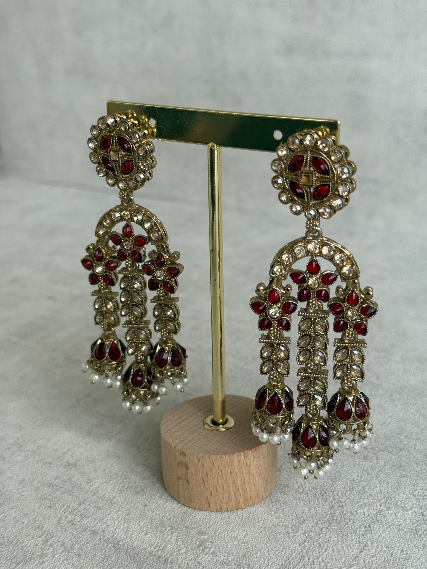 Ayura Designs Soraya Earrings – Ruby Red Stones, Champagne Crystals, Pearl Detailing & Gold Finish