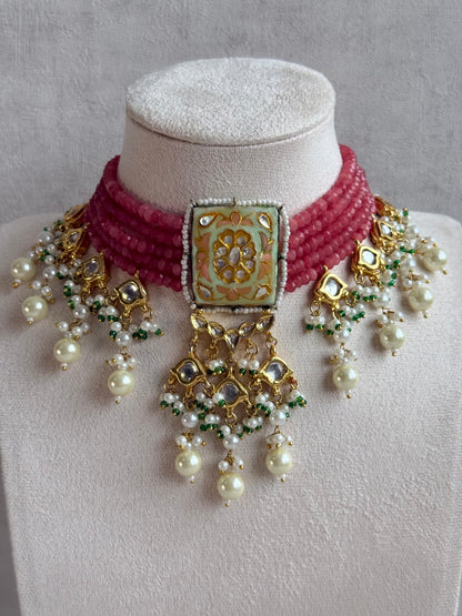 Ayura Designs Sabeera Meenakari Kundan Choker Set with Earrings – Blush Pink Beads & Pearl Detailing