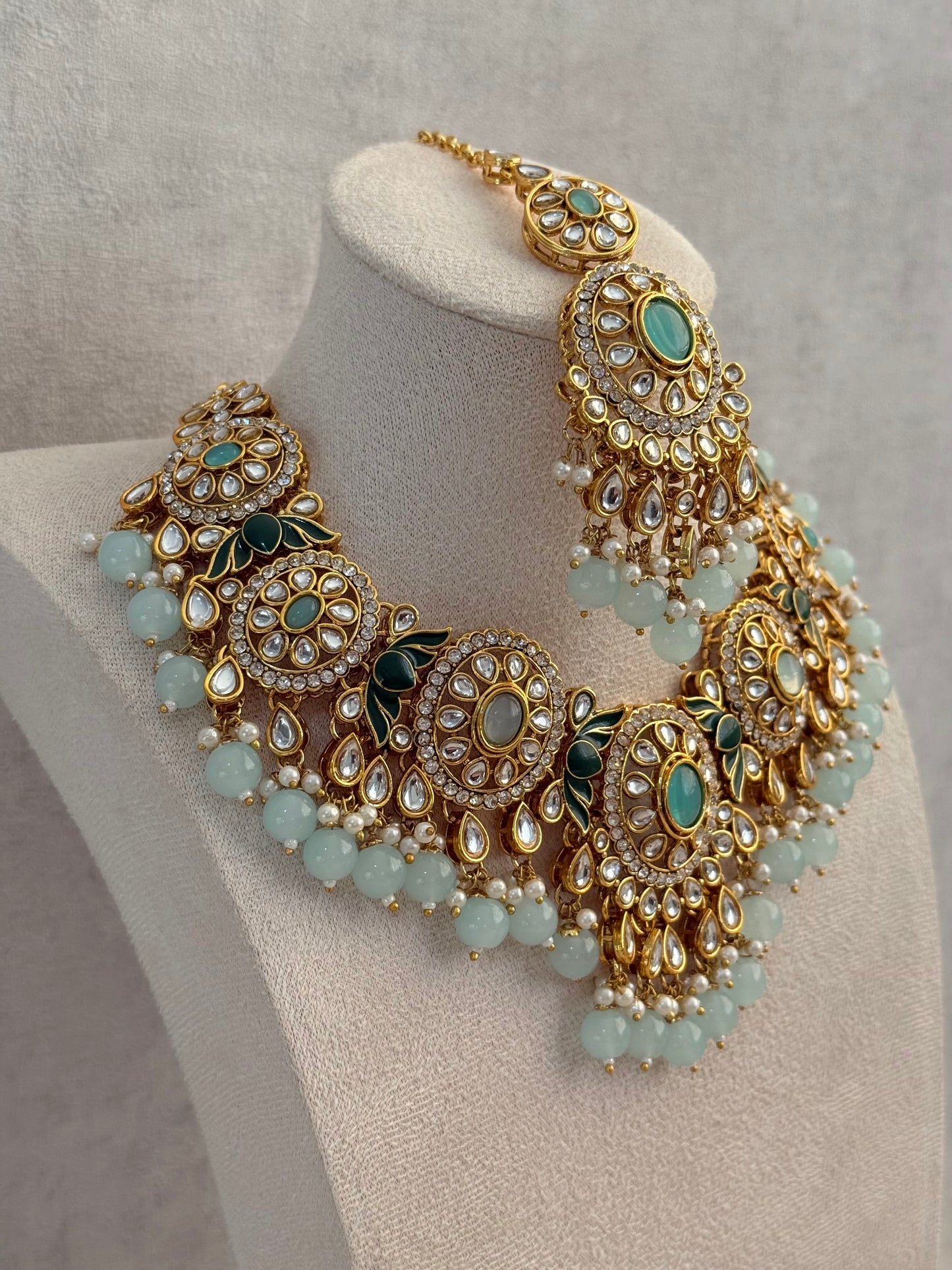 Ayura Designs Zara Set with Necklace, Earrings, Tikka & Passa – Antique Gold with Kundan Detailing & Aqua Blue Beads