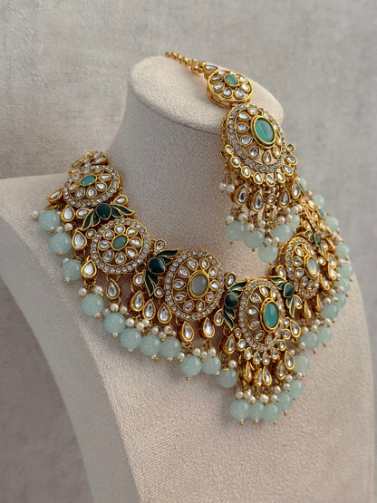 Ayura Designs Zara Set with Necklace, Earrings, Tikka & Passa – Antique Gold with Kundan Detailing & Aqua Blue Beads