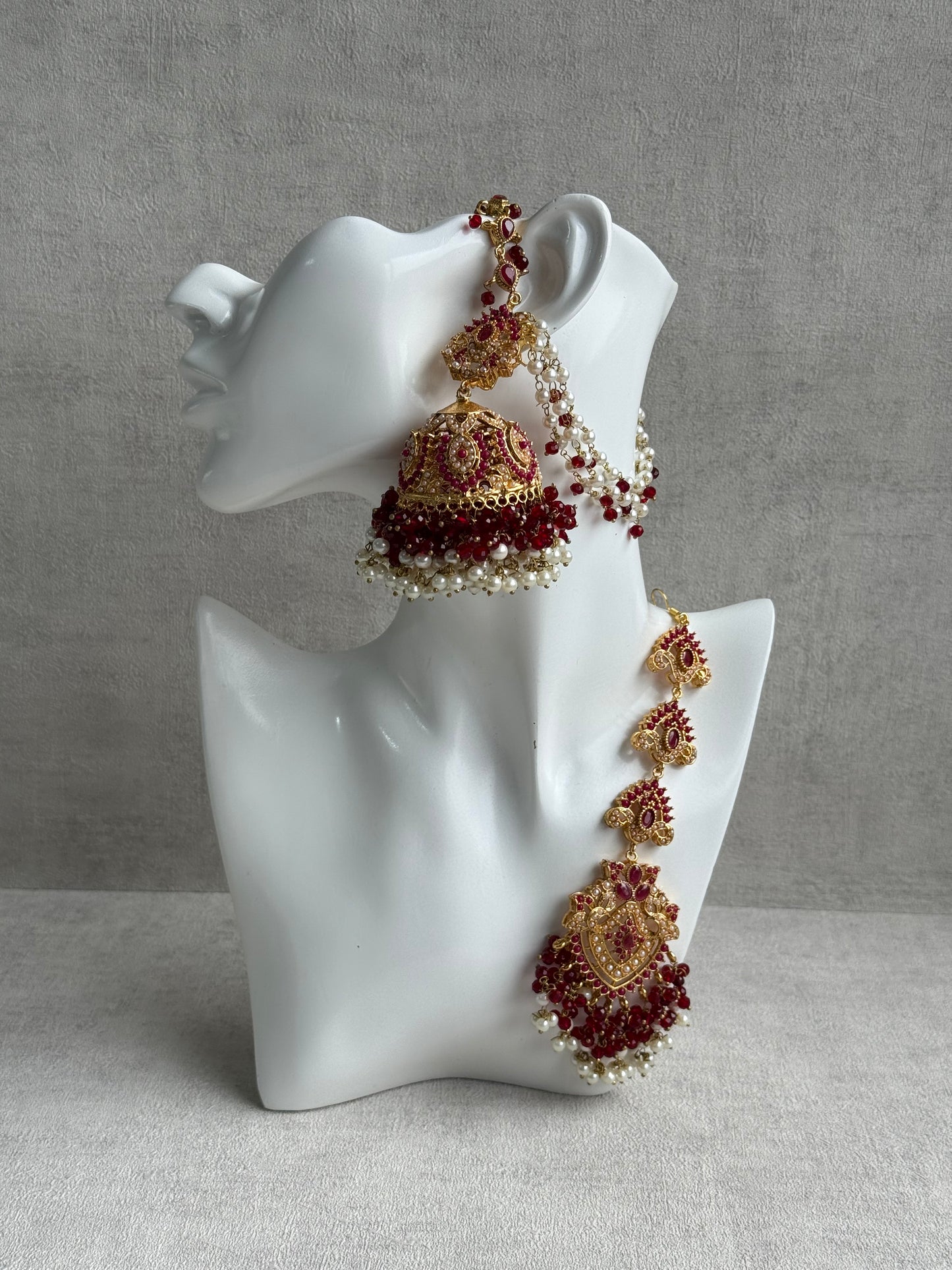 Ayura Designs Safia Tikka Set with Sahare Earrings – Ruby Red Beads & Pearls