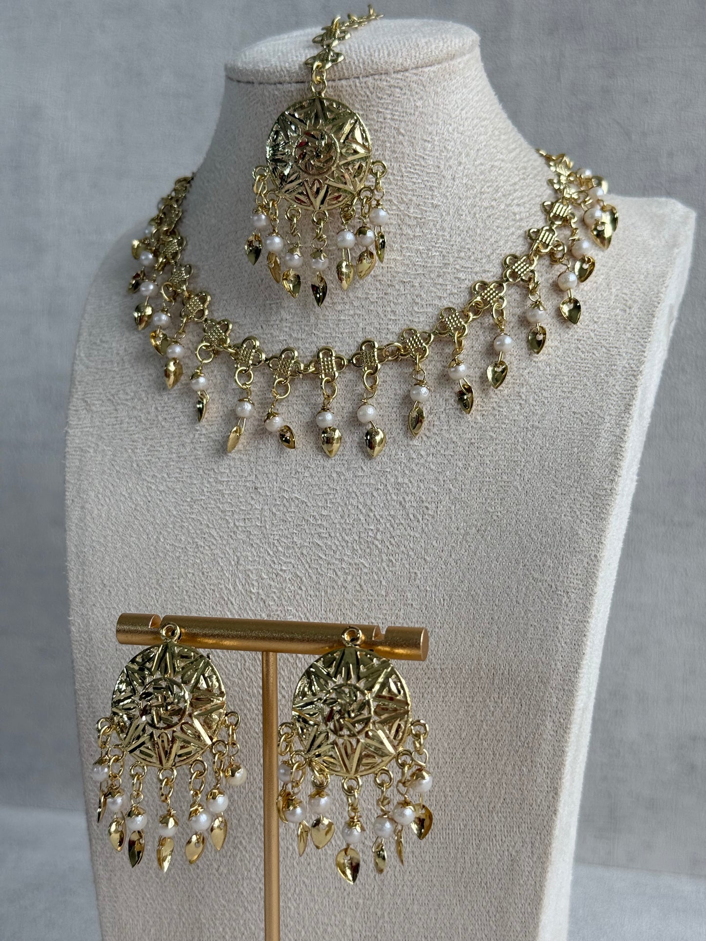 Ayura Designs Rupal Necklace Set with Earrings & Tikka – Gold Finish with Pearls & Pippal Patti Detailing