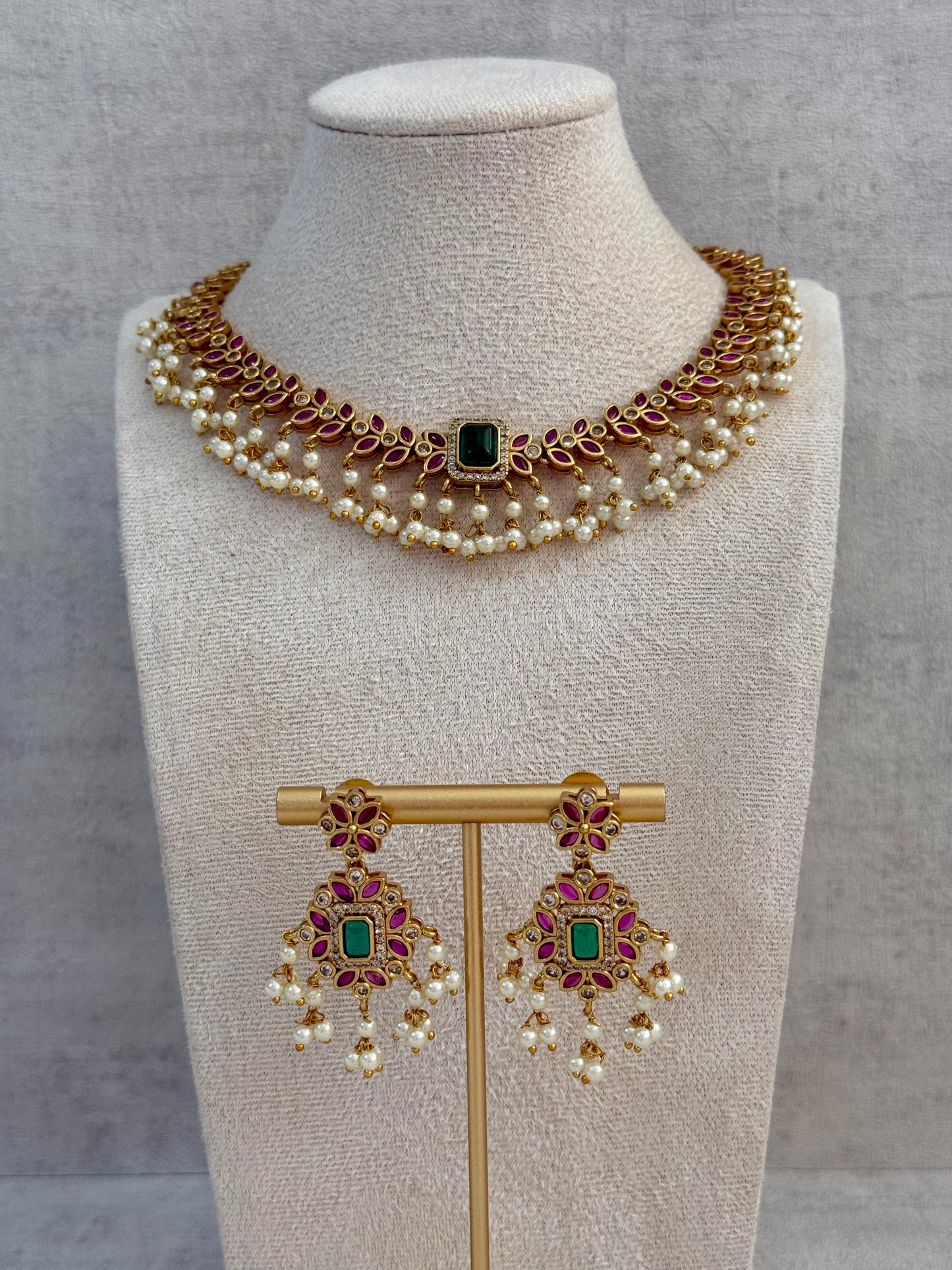 Ayura Designs Chahat Set – Necklace & Earrings with Rani Pink Meenakari, Kundan Stones, Emerald Accents & Pearl Detailing